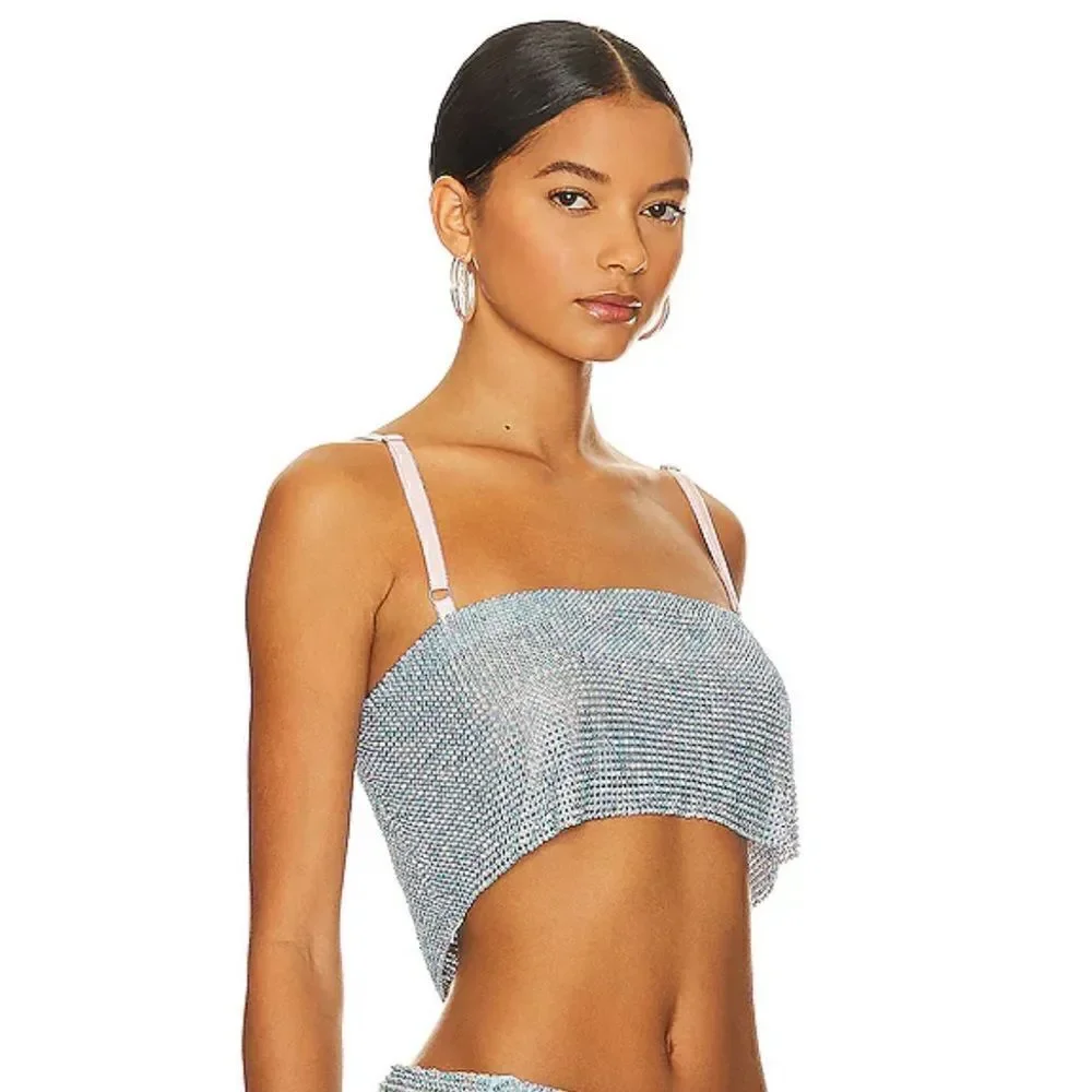 Poster Girl Gracie Crop Top Mix Blue Pearl metal chainmail mesh Revolve NWT